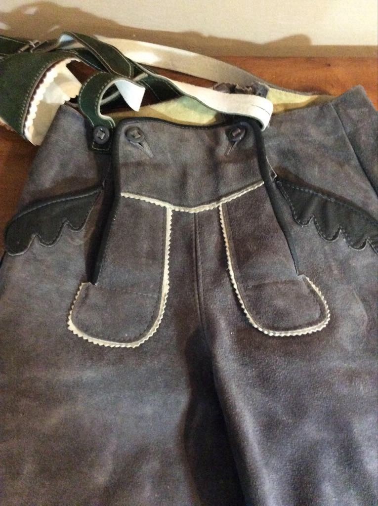Vintage Leather Lederhosen with Suspenders. Octoberfest Deer Emblem