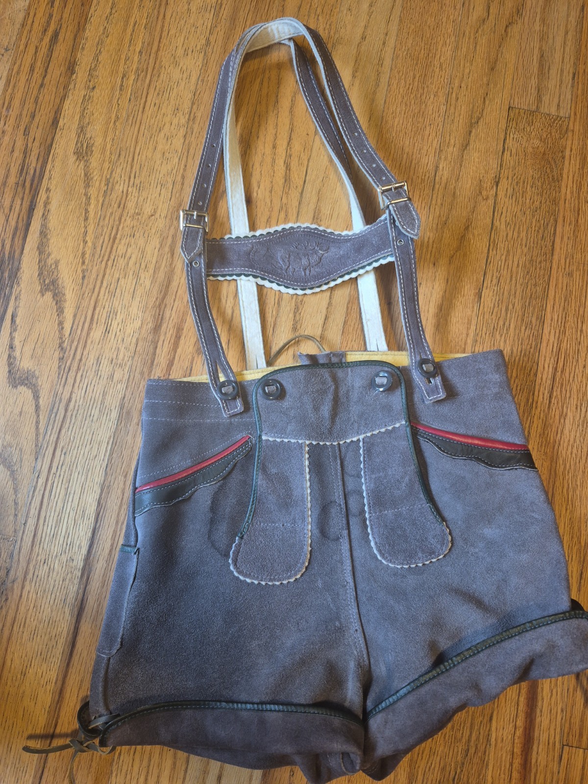 German Bavarian Gray Leather Deer Emblem Lederhosen childs