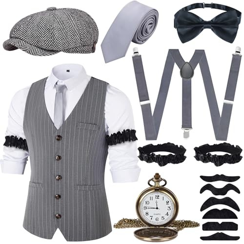JONRRYIN 1920s Mens Costume Accessories Set, Roaring 20s Costumes Small Grey