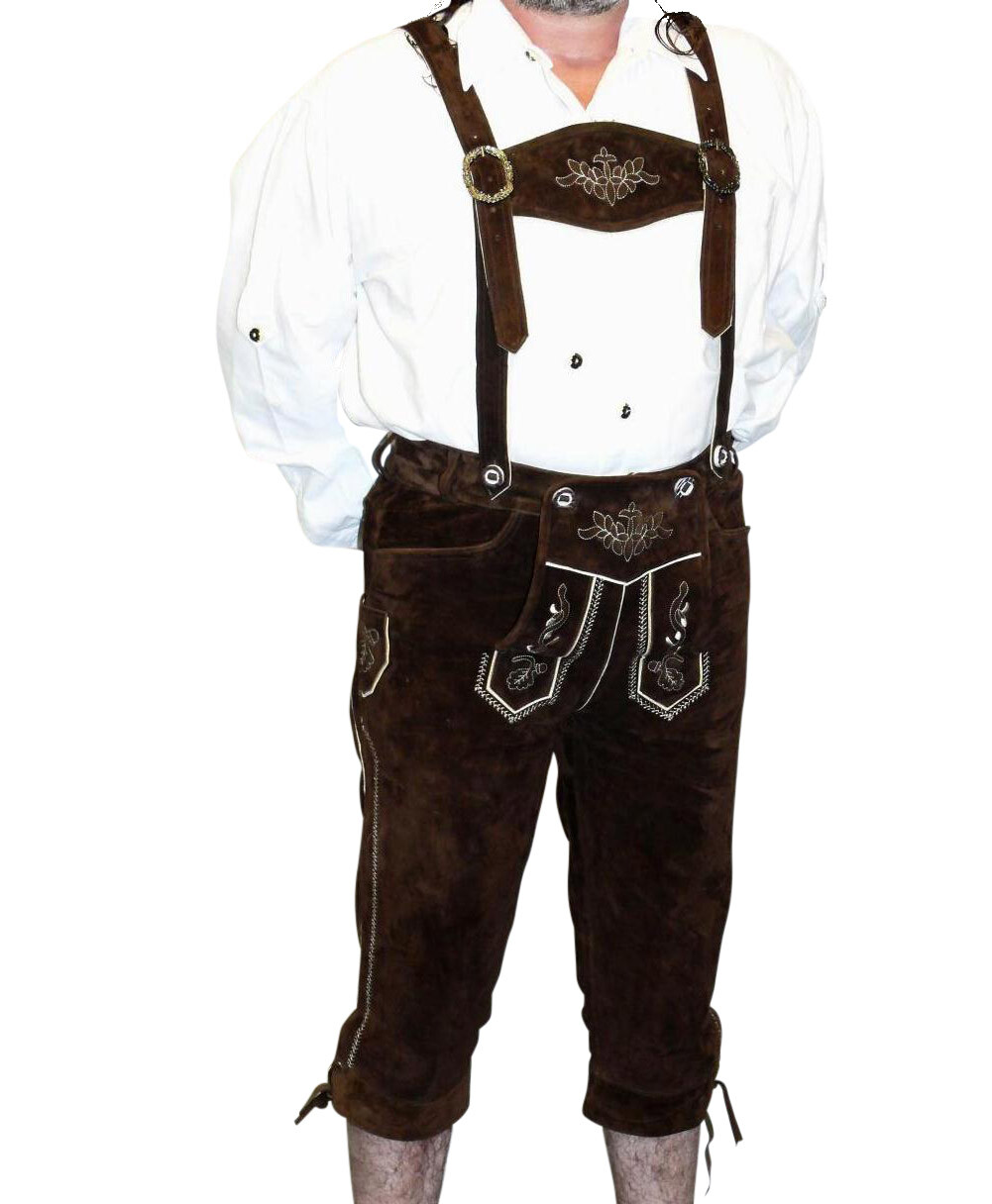 Brown Leather Lederhosen Short Pants German Oktoberfest Bundhosen M L XL 2XL 3XL
