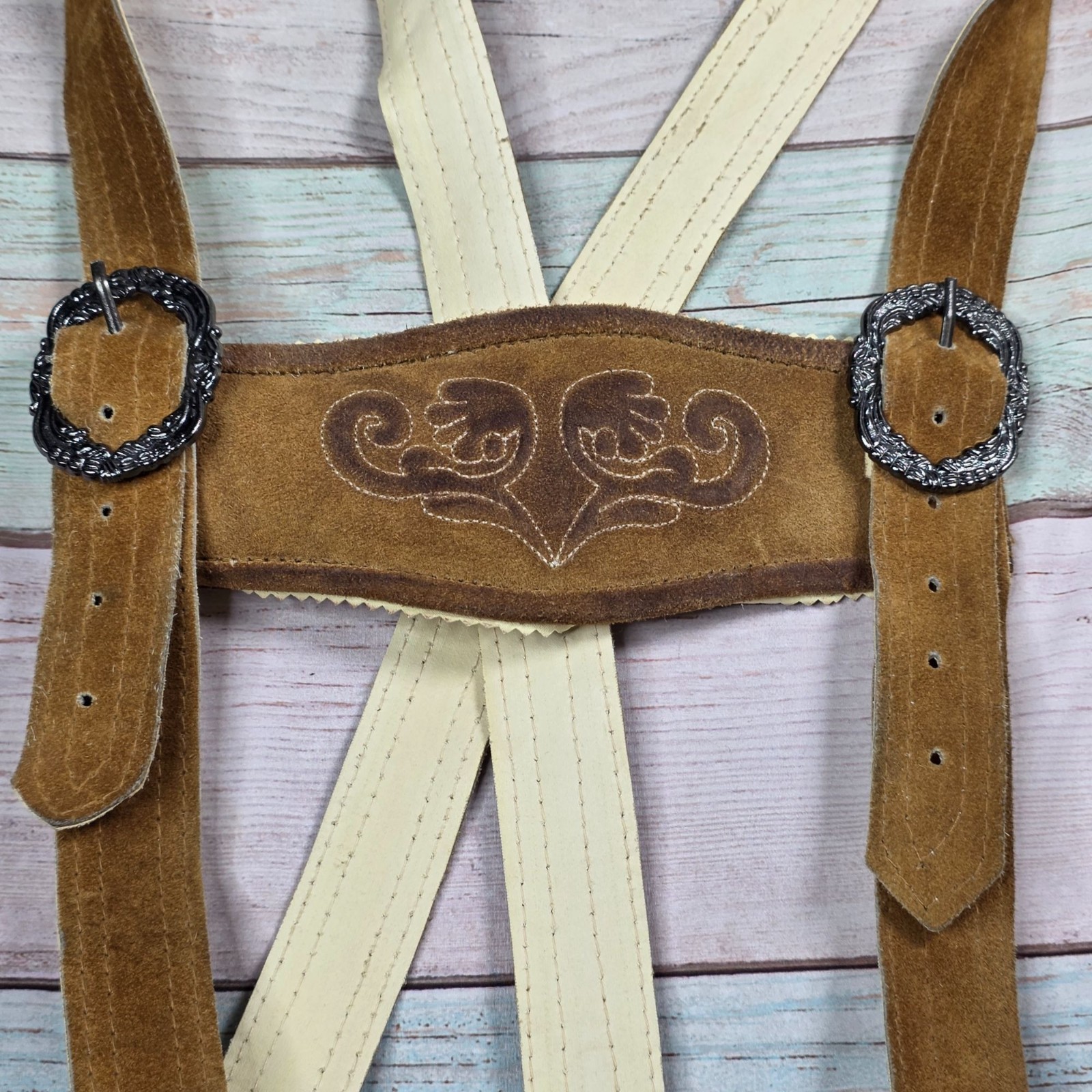 Vintage German Lederhosen With Embroidered Detailing & Suspenders