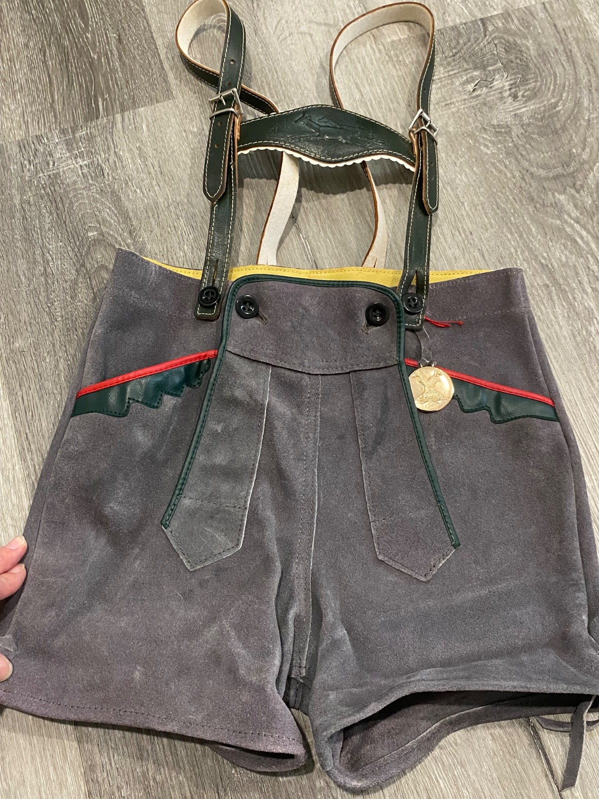 Vtg Kids Bergfreund German Bavarian Lederhosen Genuine Grey Leather EU 128 US 8