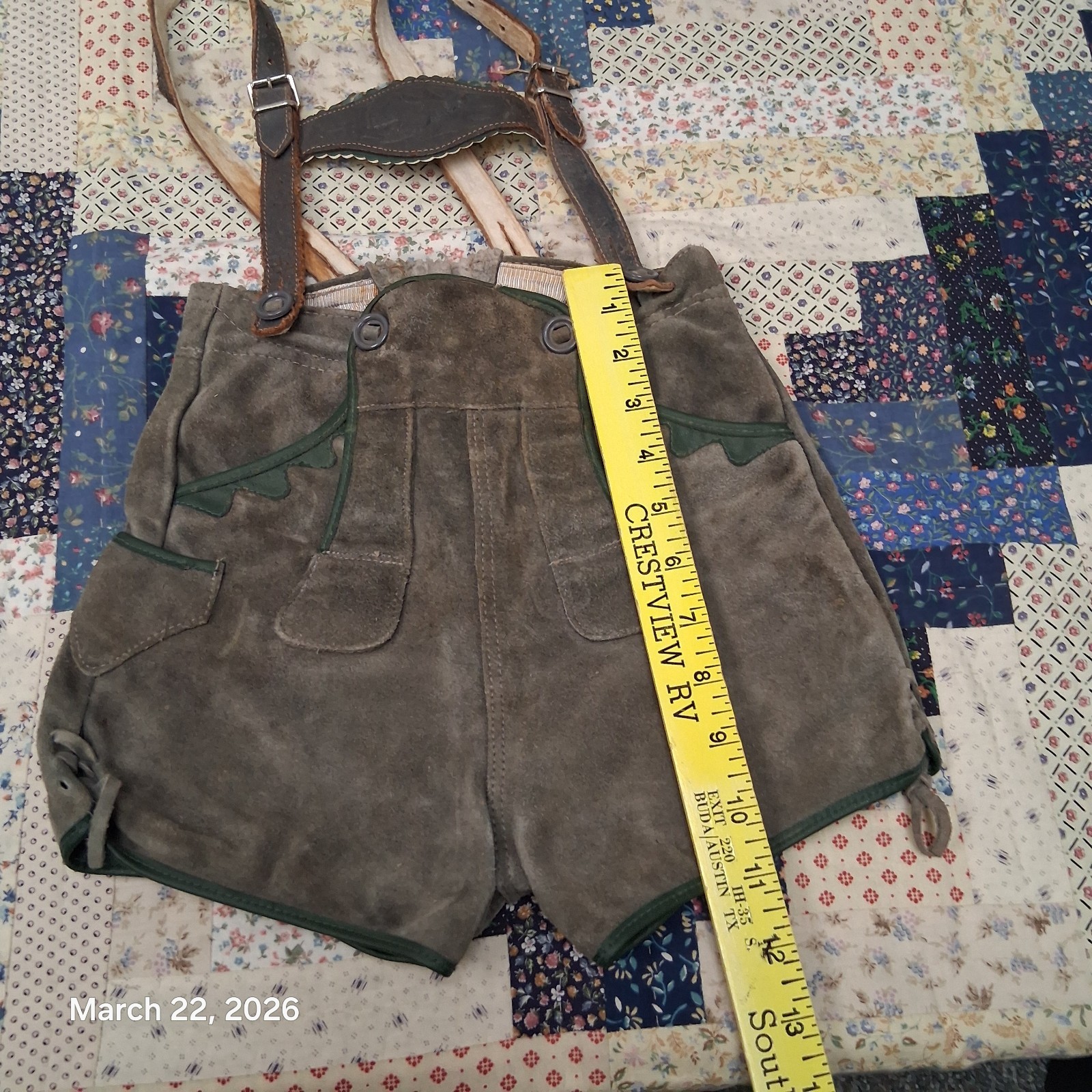 Vintage Childrens German Lederhosen Gray Suede Leather Grouse Breastplate