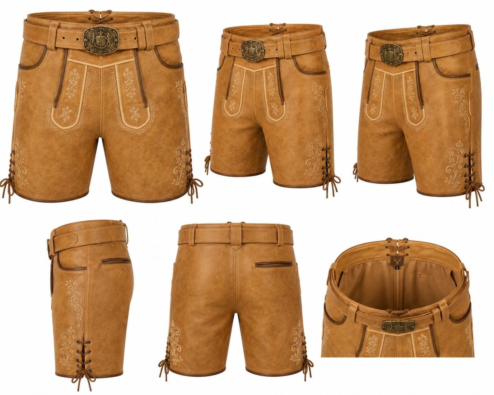 Men’s Tan Leather Lederhosen Shorts with Belt, Traditional German Bavarian Oktob