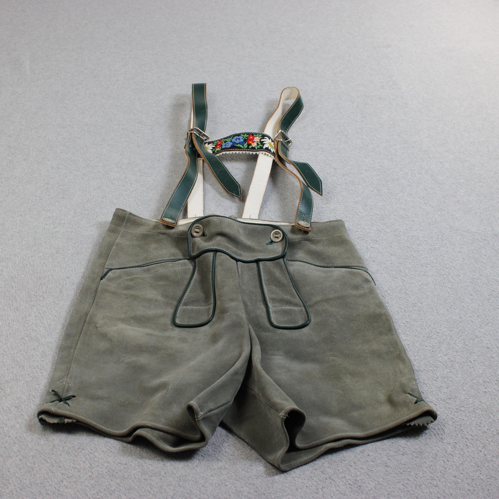 Vintage Jahn-Markl Lederhosen Gray Leather Suede Suspenders Austria Floral READ