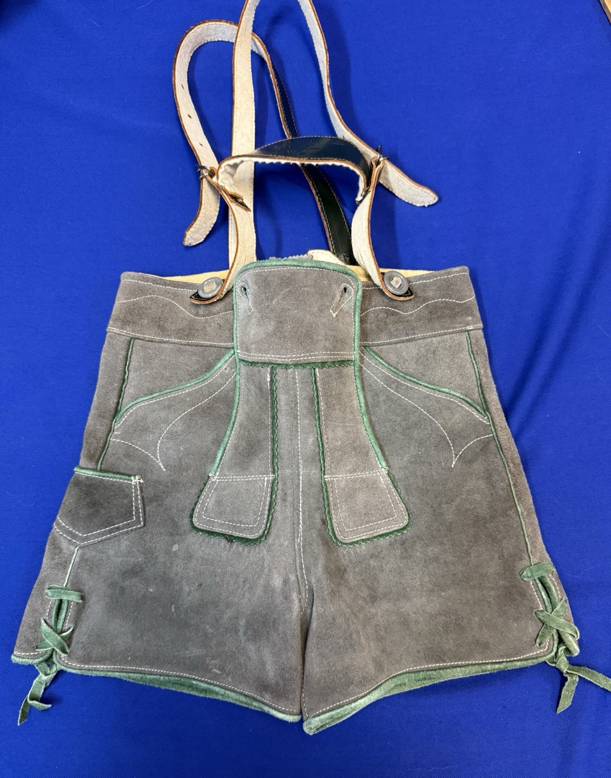 Vintage German Suede Lederhosen Shorts w/ Suspenders Green Trim Bavarian Alps