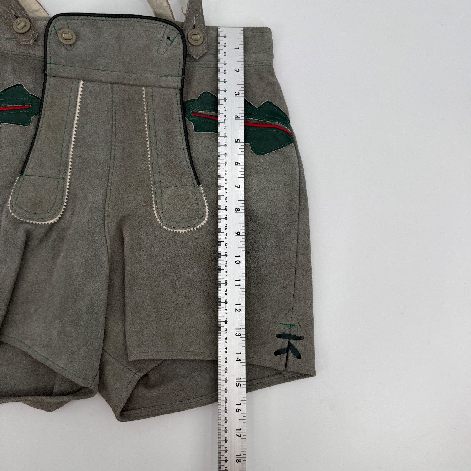 Vintage German Leather Lederhosen Shorts Suspenders Gray Suede Oktoberfest 36D