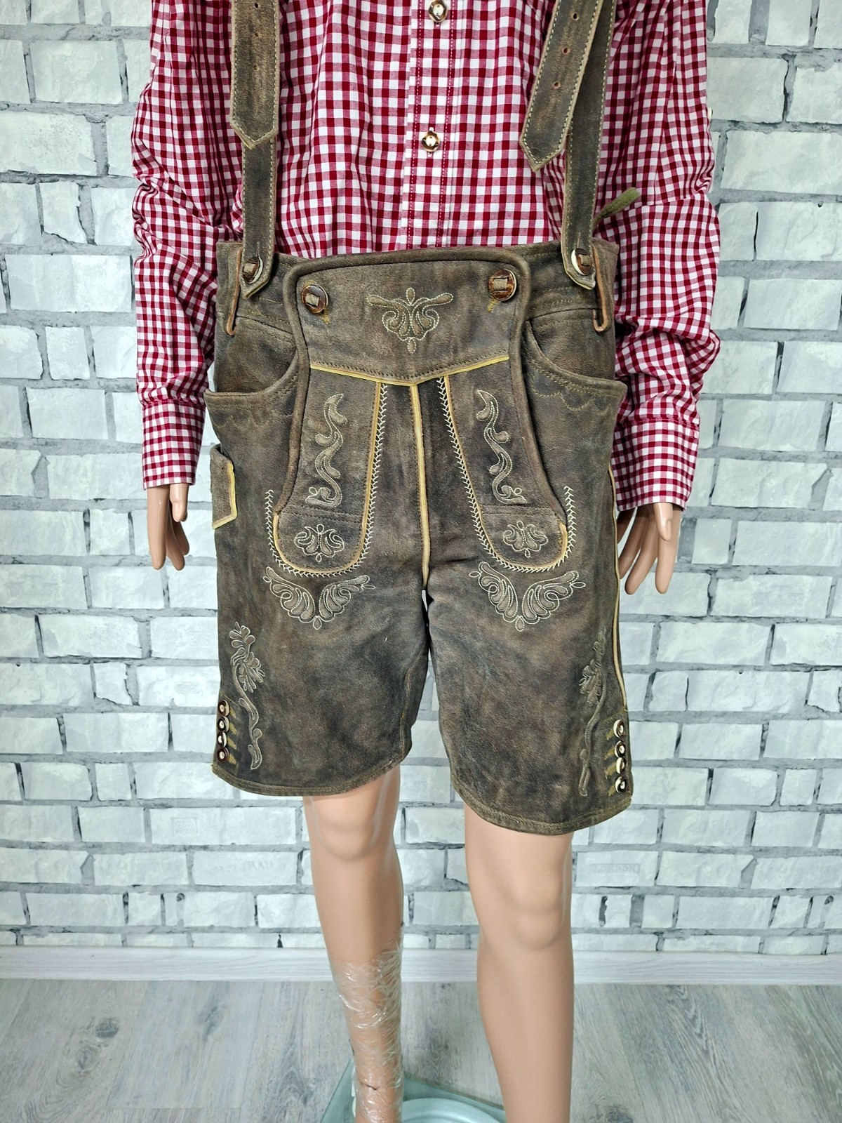 Almsach brown Leather Lederhosen M 48 Oktoberfest trachten Bavarian alpine Short