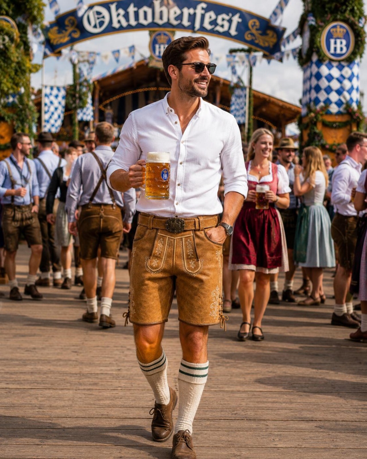 Men’s Tan Leather Lederhosen Shorts with Belt, Traditional German Bavarian Oktob