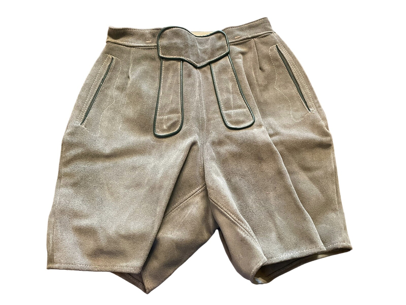 Vintage Lederhosen Gray & Green Leather Shorts EU Size 30 Oktoberfest Austria