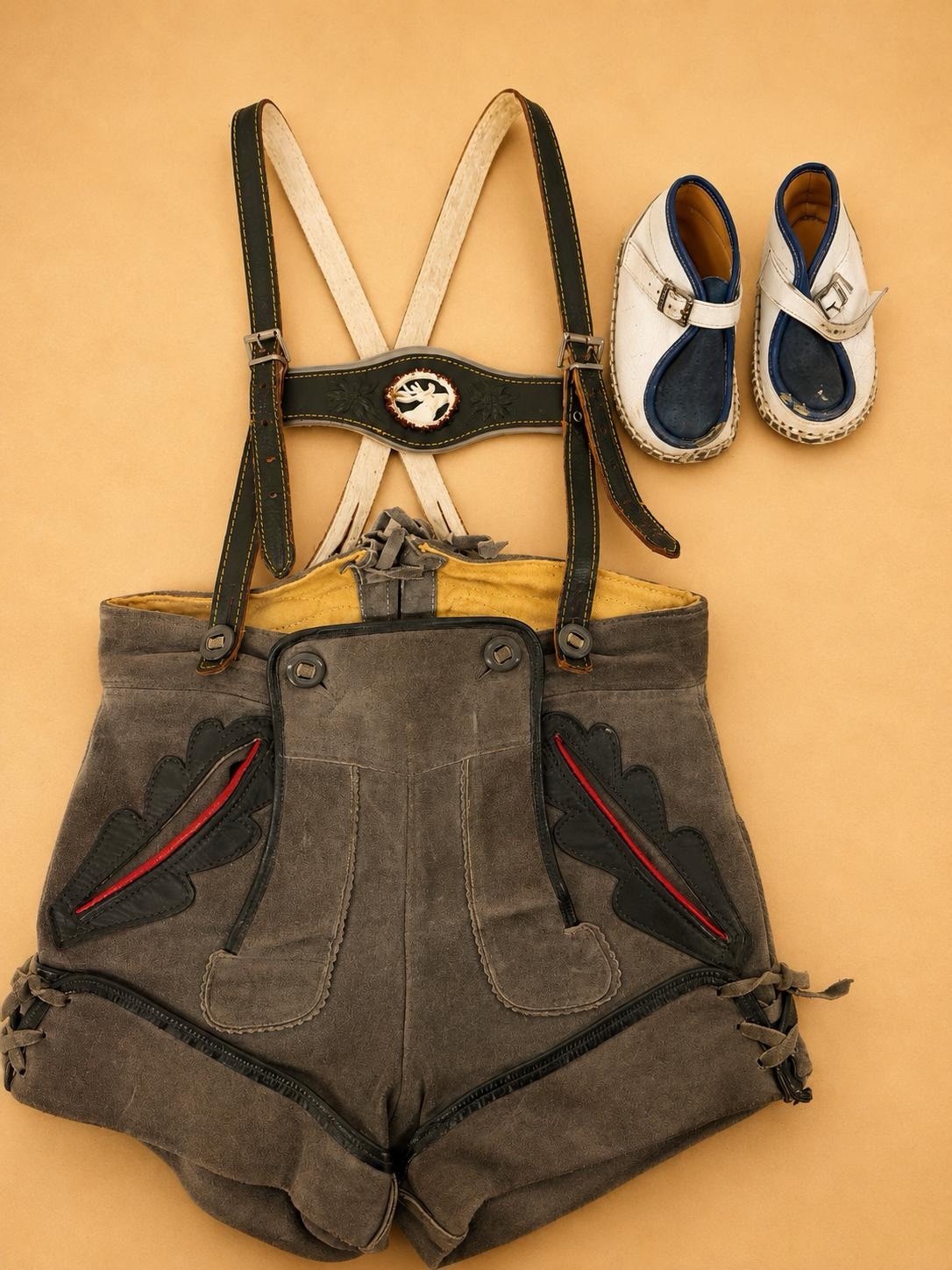 Vintage Hosbechtl Kids Suede German Lederhosen Embroidered Suspenders W/ Shoes