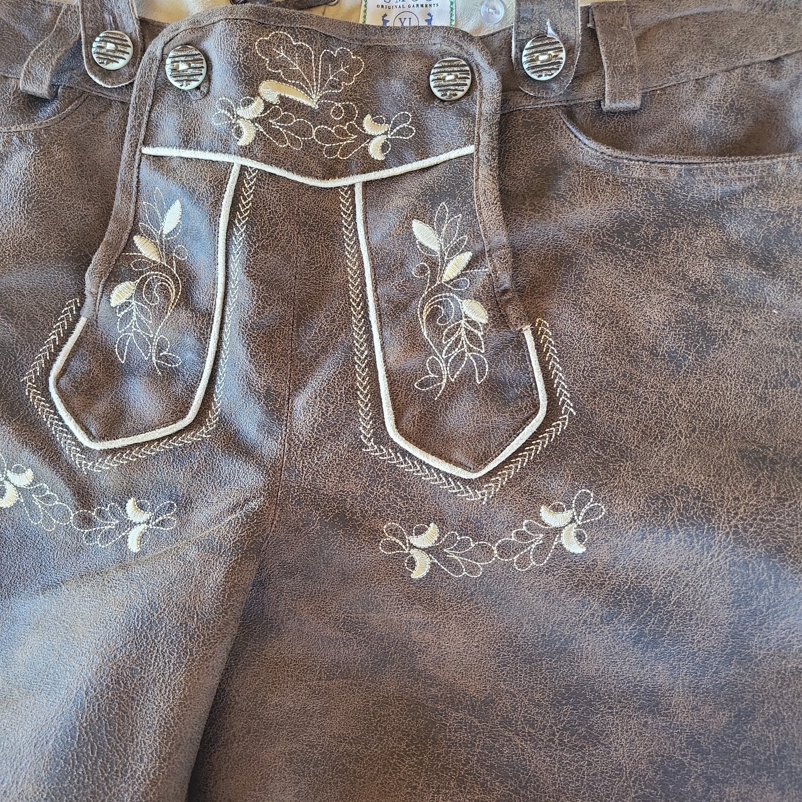SMOG Men’s XL Brown Embroidered Lederhosen Bavarian Shorts Oktoberfest Munich