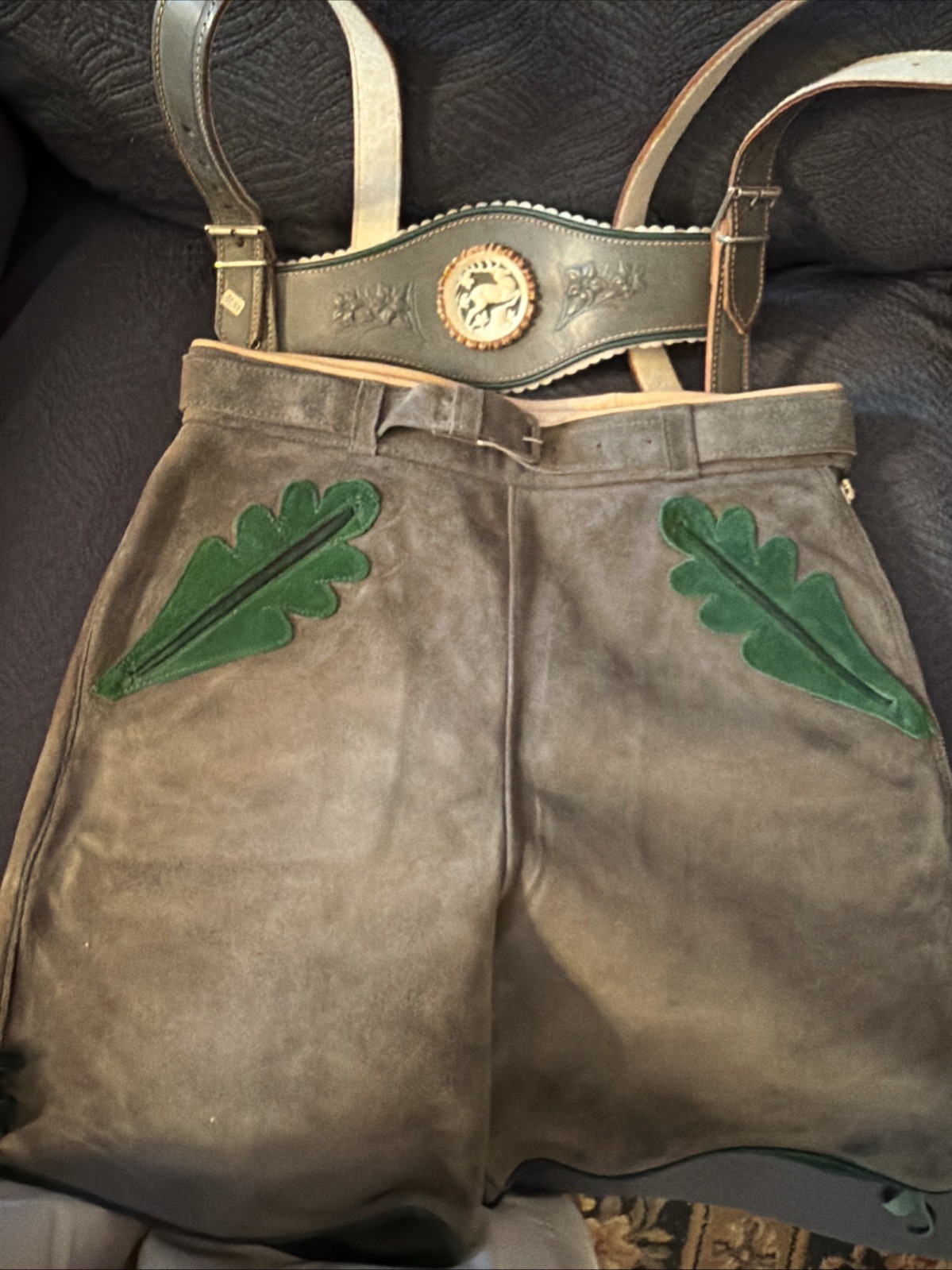 Vintage Lederhosen West Germany Leather Suede Gray Waist 26 Button Suspenders