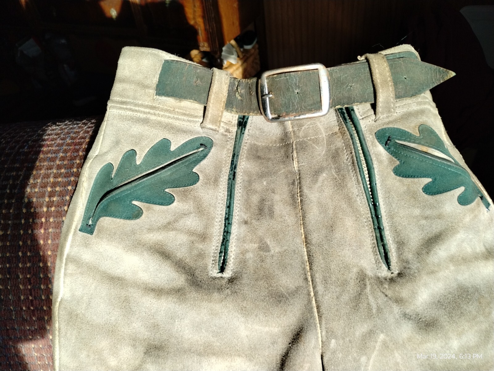 Vintage Child’s Lederhosen Shorts Gray Green Suede Waist 13″ Length 15″