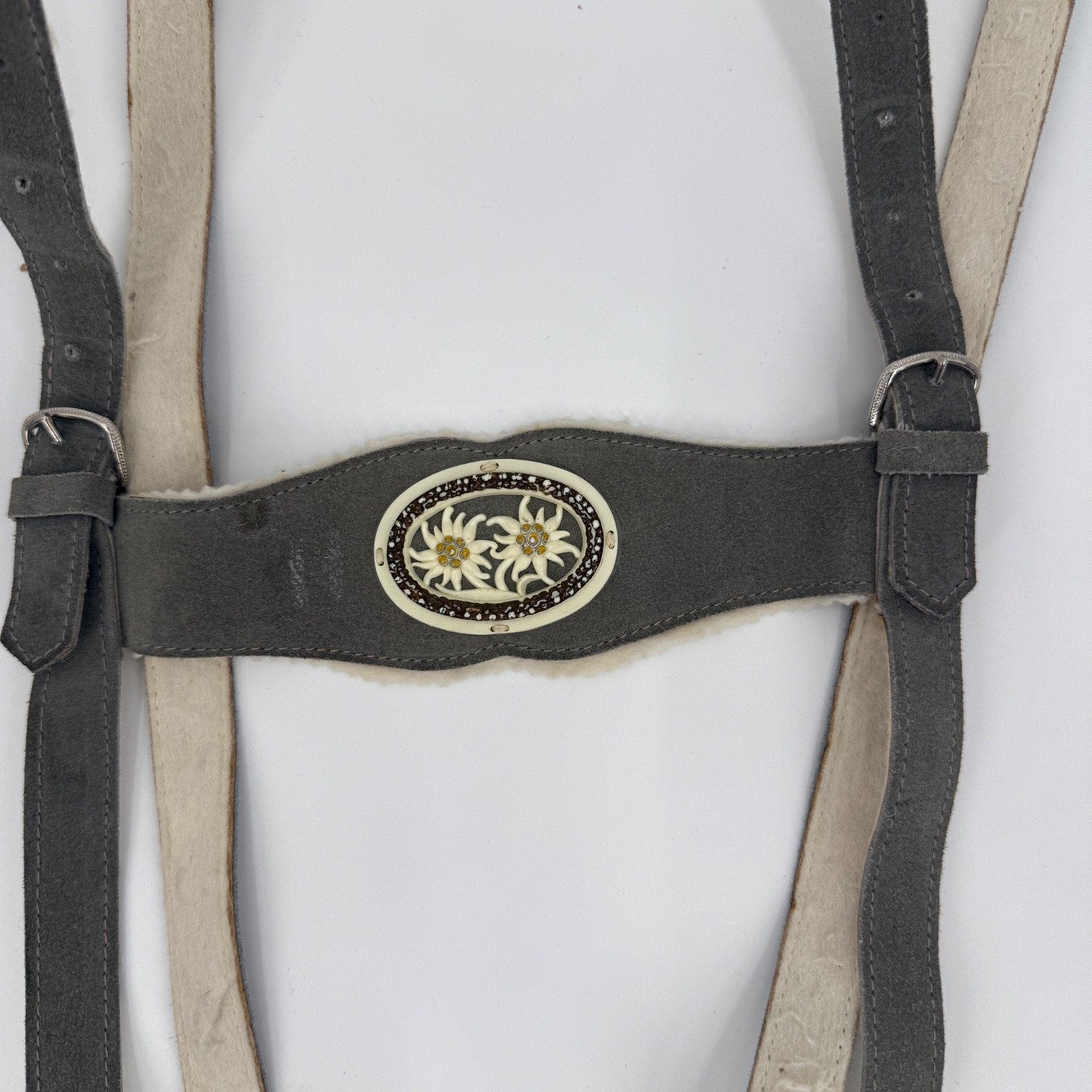 Vintage German Leather Lederhosen Shorts Suspenders Gray Suede Oktoberfest 36D