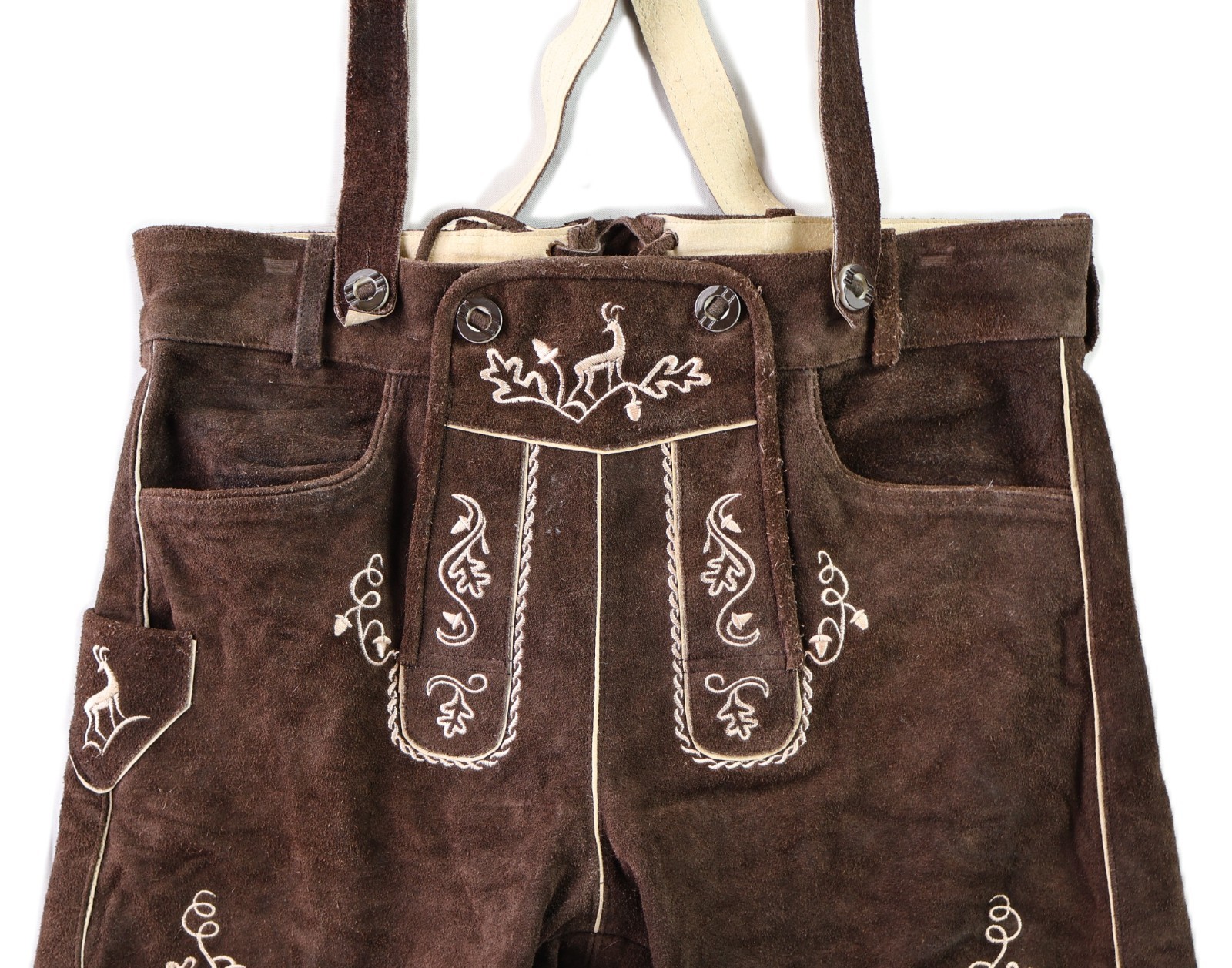 Men’s 50 US 38 Brown Suede Leather Lederhosen Bavarian Embroidered Shorts Pants
