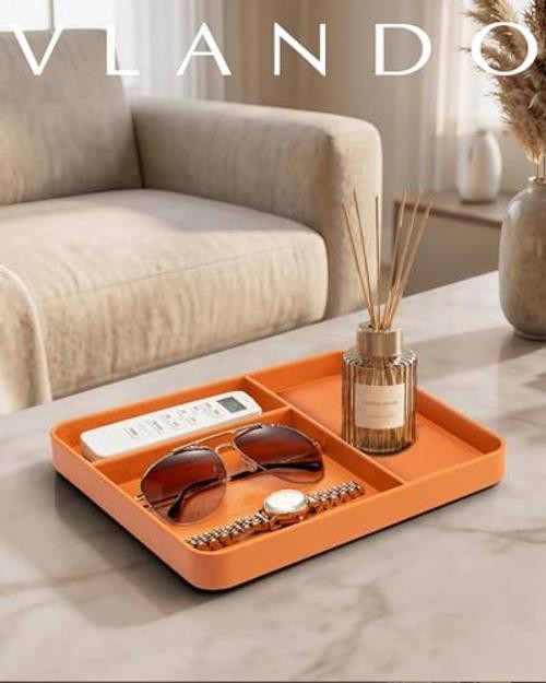 Valet Tray for Men, PU Leather Catchall Tray with Dividers | Nightstand Orange