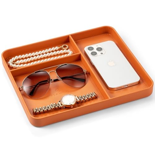 Valet Tray for Men, PU Leather Catchall Tray with Dividers | Nightstand Orange