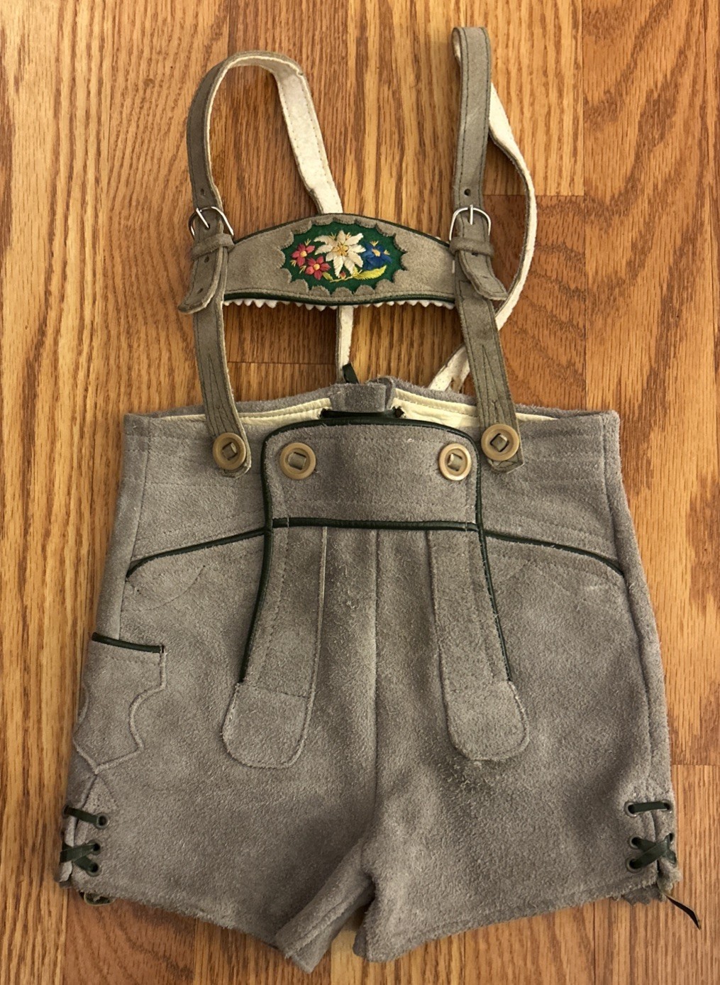 VTG German Lederhosen Child Shorts Suspender Authentic Suede Leather Floral