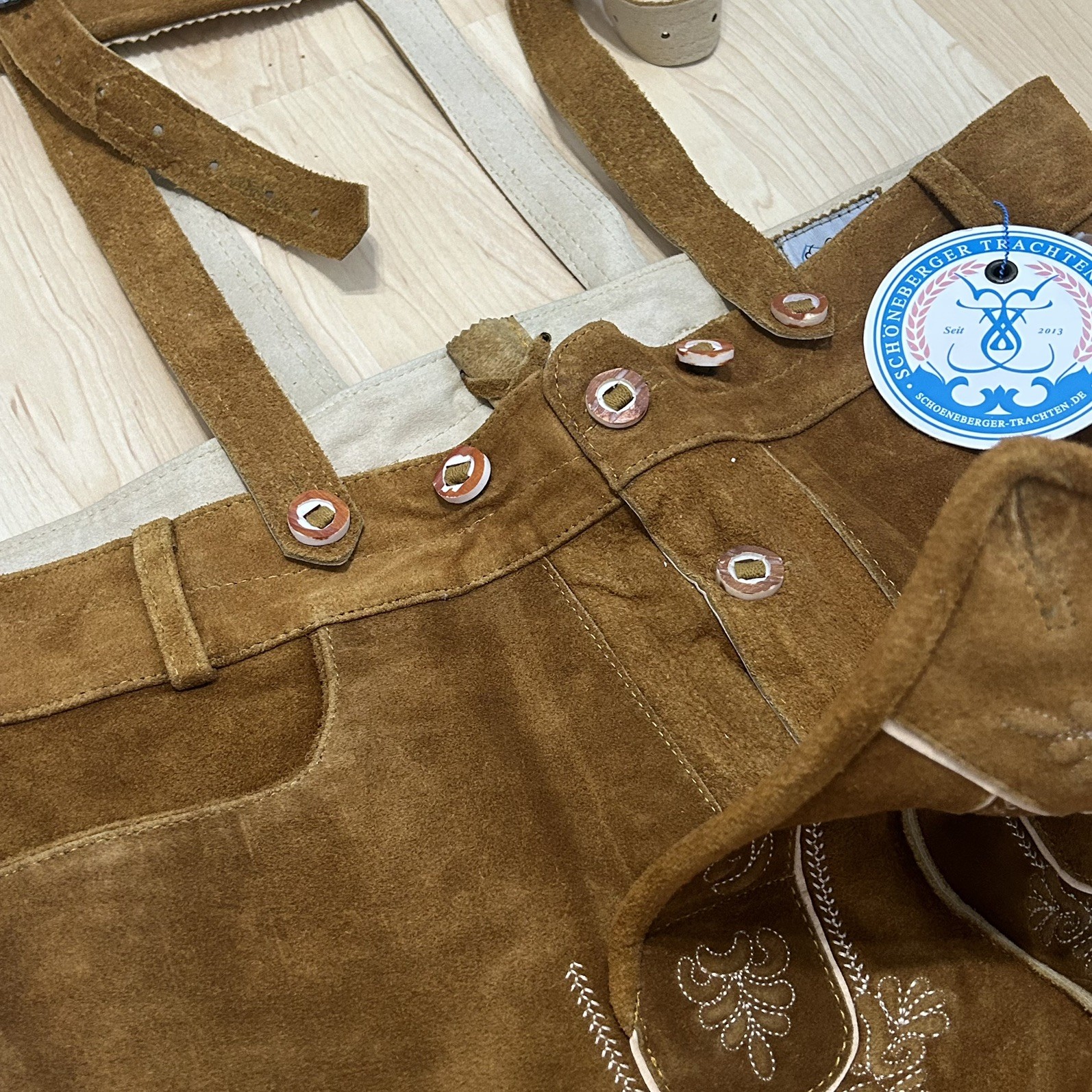 Schonoberger Trachten Couture Lederhosen Brown Suede German Oktoberfest Size 42