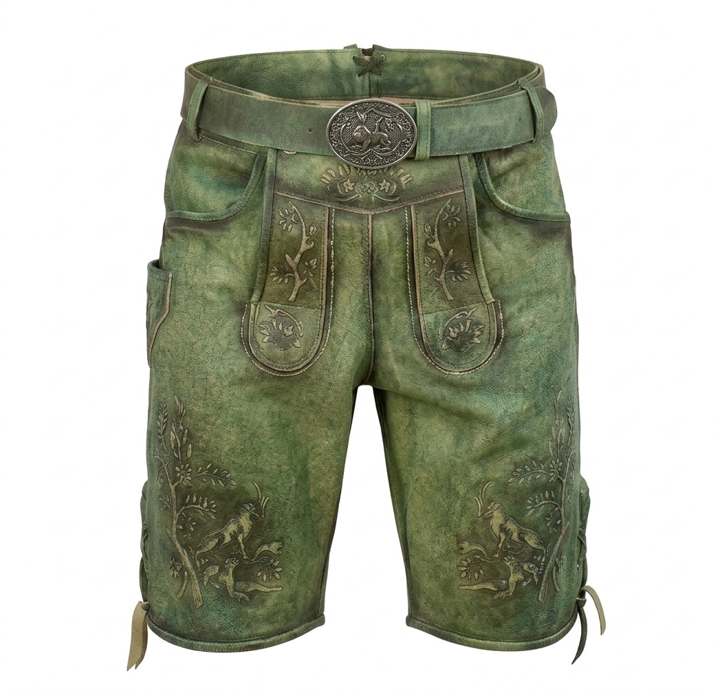 Vintage Green Leather Lederhosen Shorts Men Oktoberfest Embroidery Trachten Shor