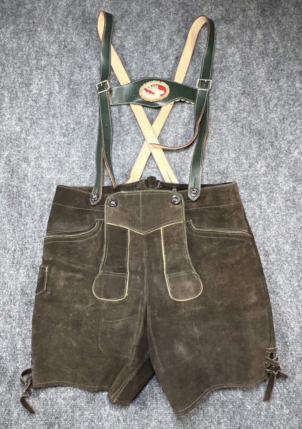Vintage German Lederhosen Suede Leather Bavarian Shorts Bibs Oktoberfest Sz 30”