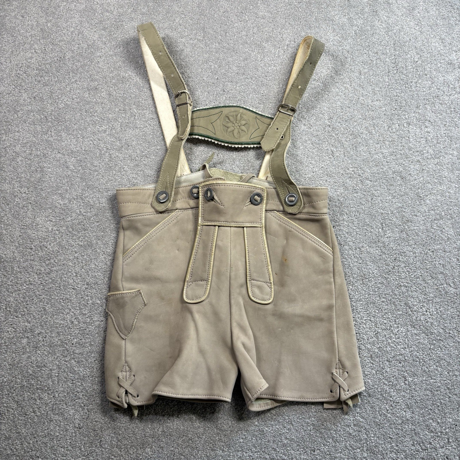 1960s German Lederhosen Leather Suede Overalls KIDS Size 6 Green Gray Embroidery