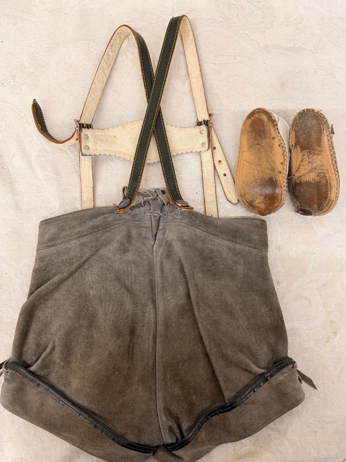 Vintage Hosbechtl Kids Suede German Lederhosen Embroidered Suspenders W/ Shoes