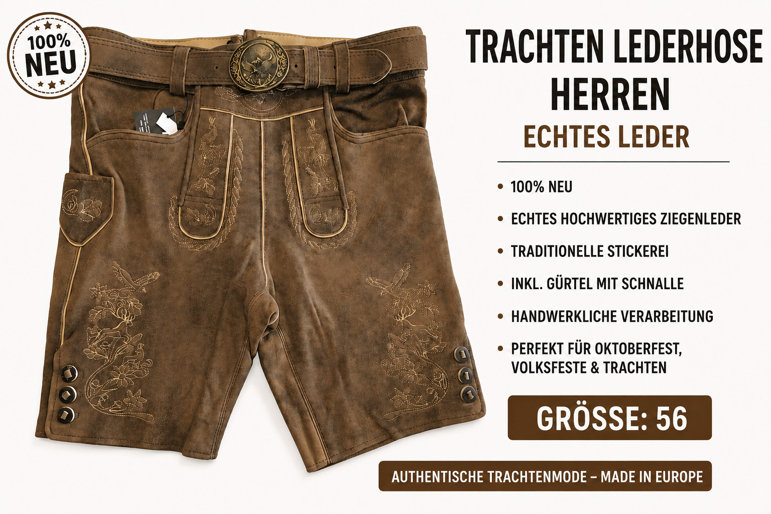 Men’s Costume Lederhosen Oktoberfest Pants Real Leather Brown with Belt Size,56
