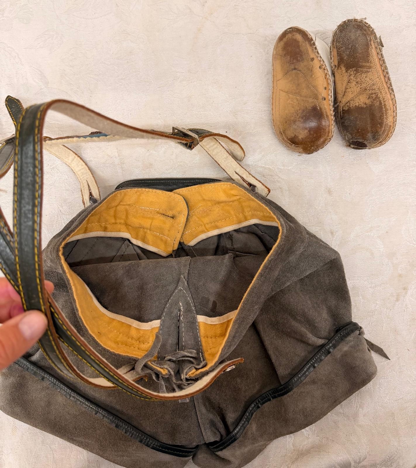 Vintage Hosbechtl Kids Suede German Lederhosen Embroidered Suspenders W/ Shoes