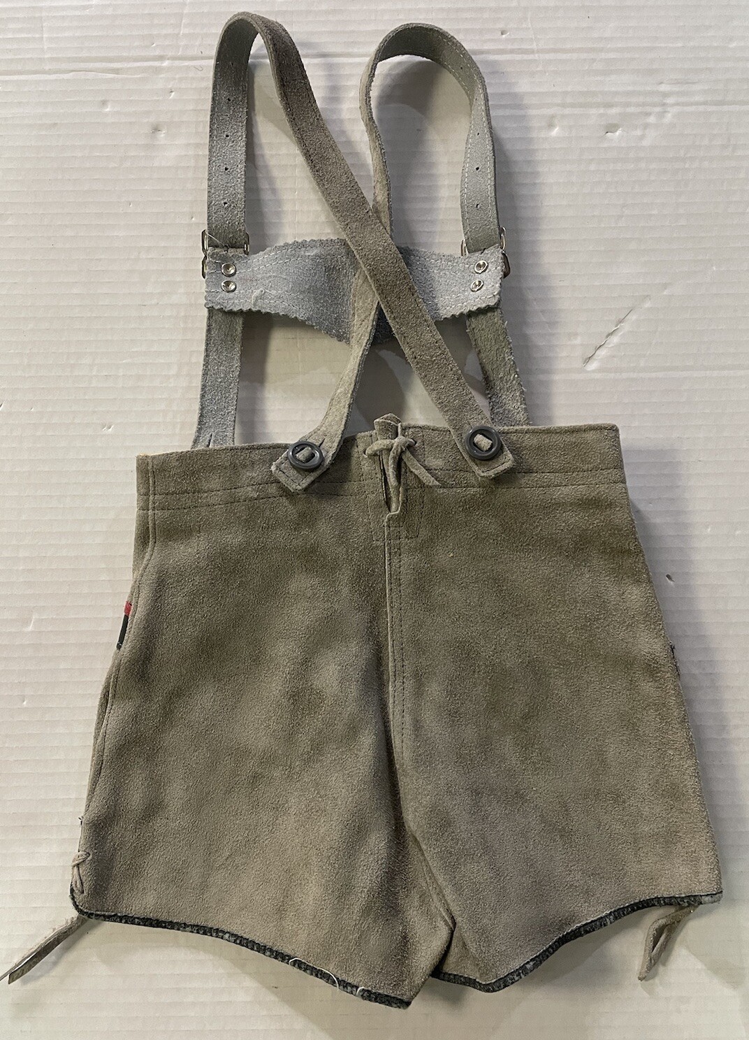 Lederhosen Children’s Green Suede Leather Shorts With Suspenders (Vintage)