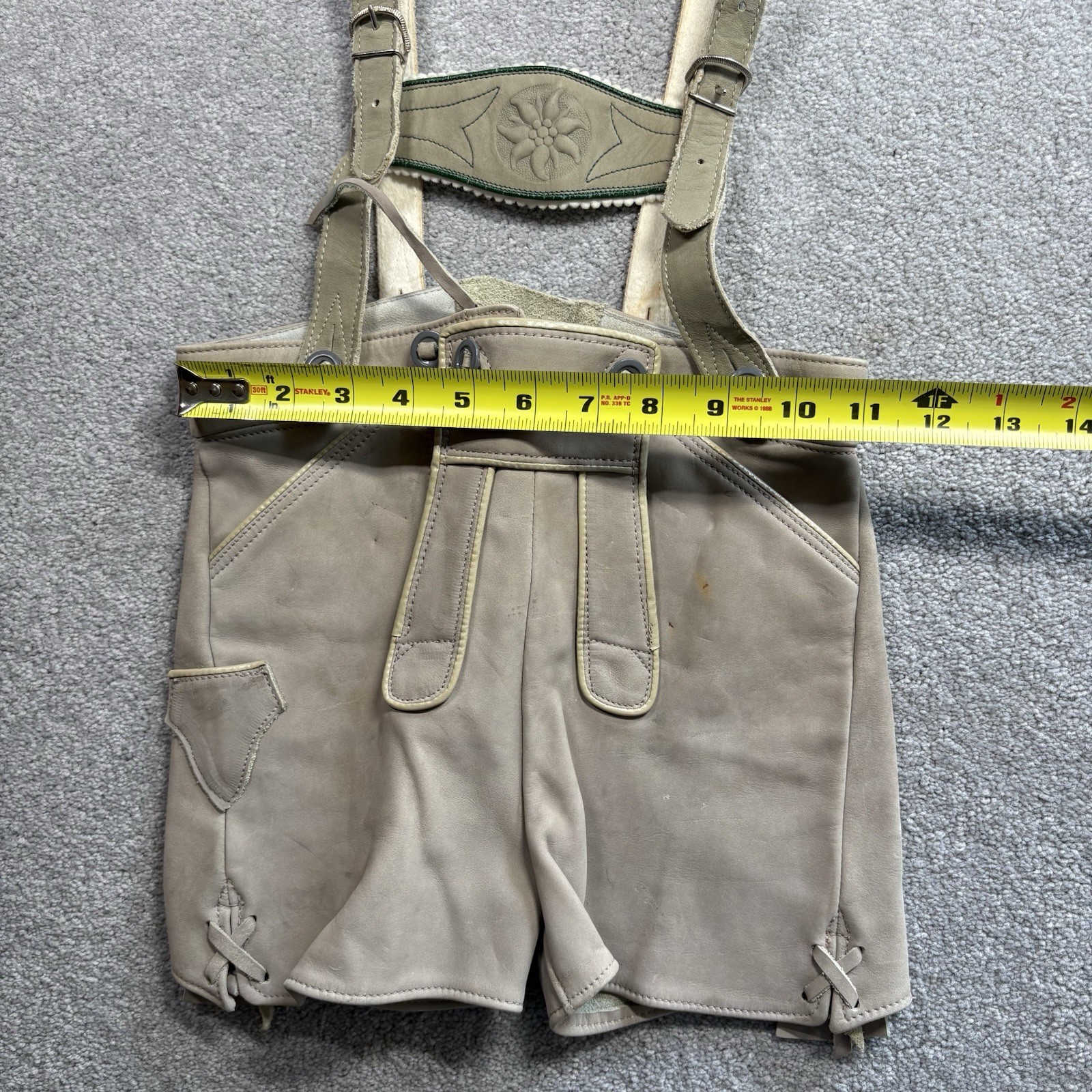 1960s German Lederhosen Leather Suede Overalls KIDS Size 6 Green Gray Embroidery