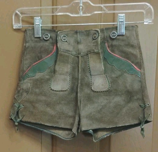 Vintage Germany Boy Child Suede Leather Lederhosen Gray Green 22 In Waist