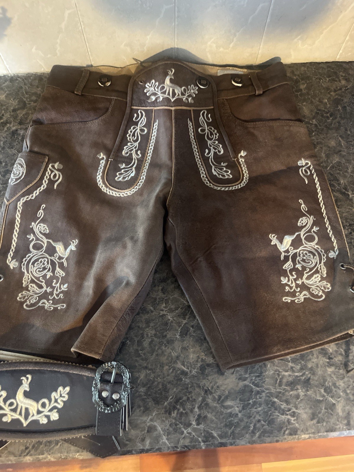 lederhosen men leather shorts With Belt Size 48 100% Genuine Leather