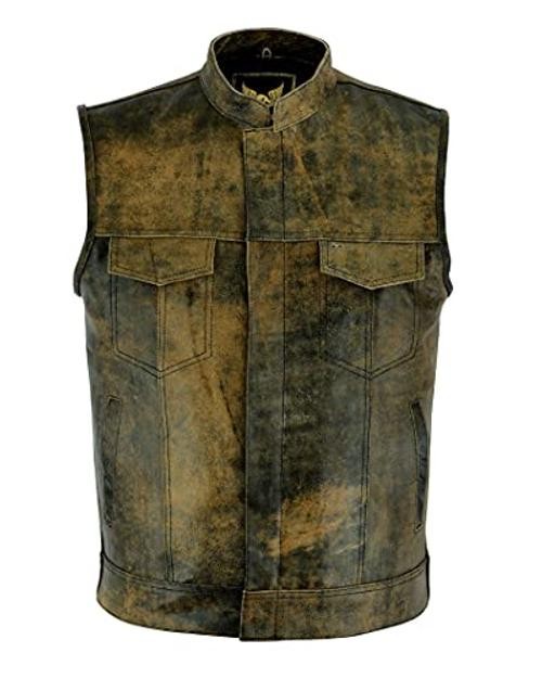 Mens Leather Motorcycle Vest | SOA Club Style Biker Vest Small Distress Brown