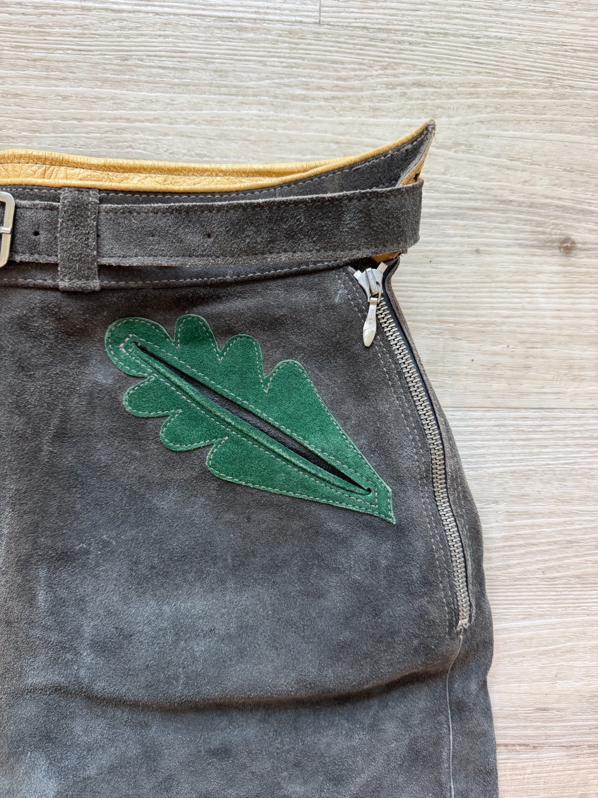 Vintage German Lederhosen Shorts Size 26 Waist Suede Leather Brown Gray 60s