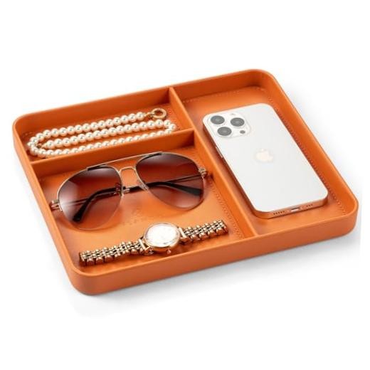 Valet Tray for Men, PU Leather Catchall Tray with Dividers | Nightstand Orange