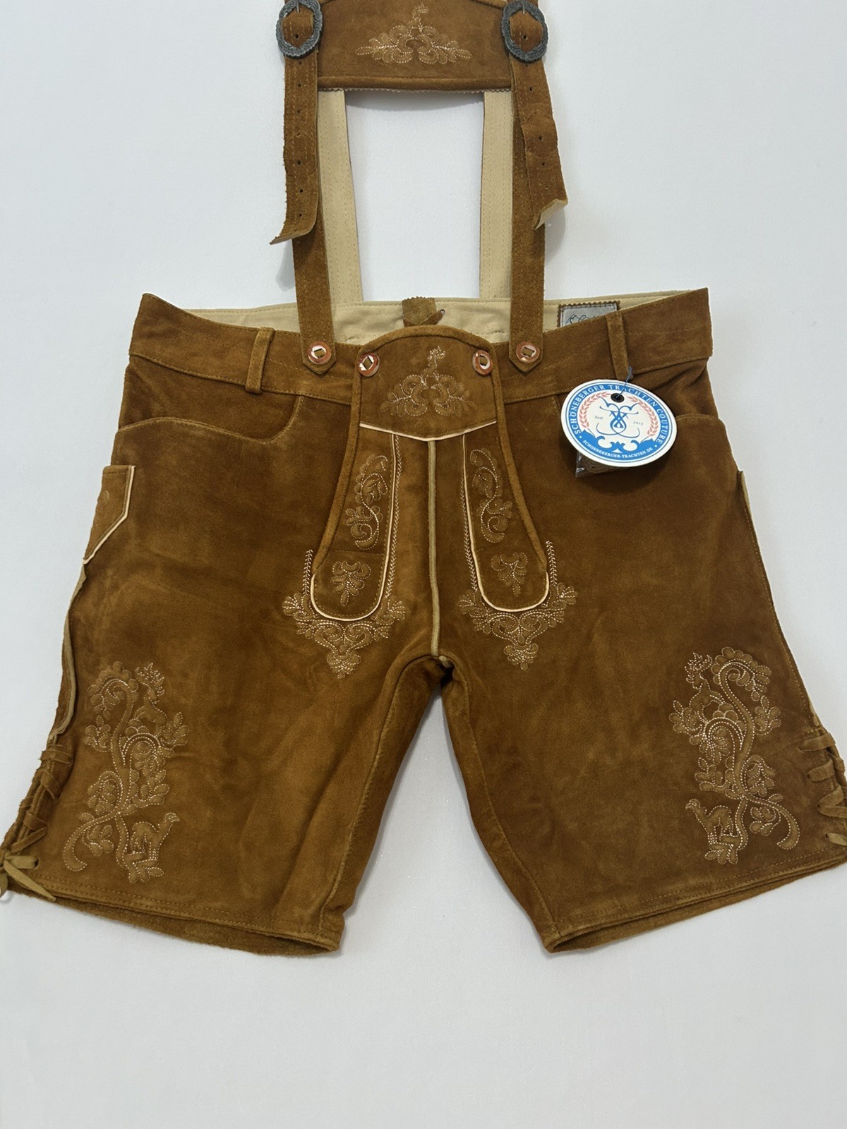 Schonoberger Trachten Couture Lederhosen Brown Suede German Oktoberfest Size 42