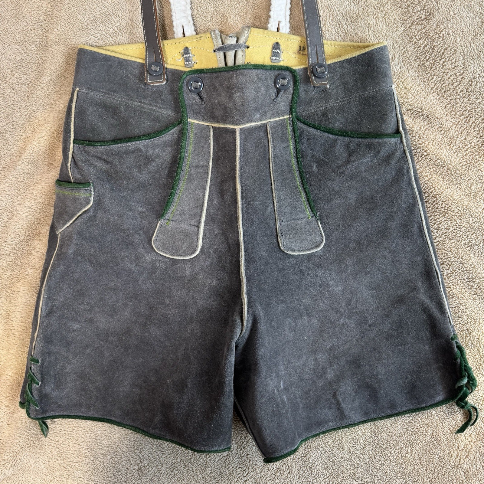 Vintage Lederhosen Suede Leather German Bavarian Genuine Youth Measure In Pics