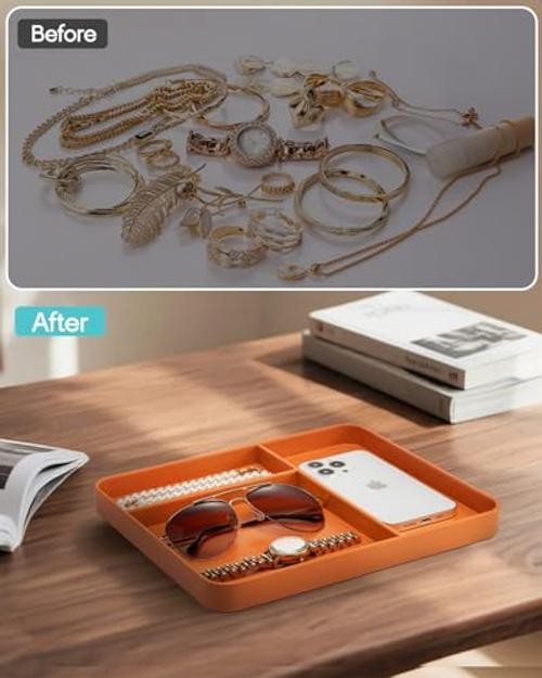 Valet Tray for Men, PU Leather Catchall Tray with Dividers | Nightstand Orange