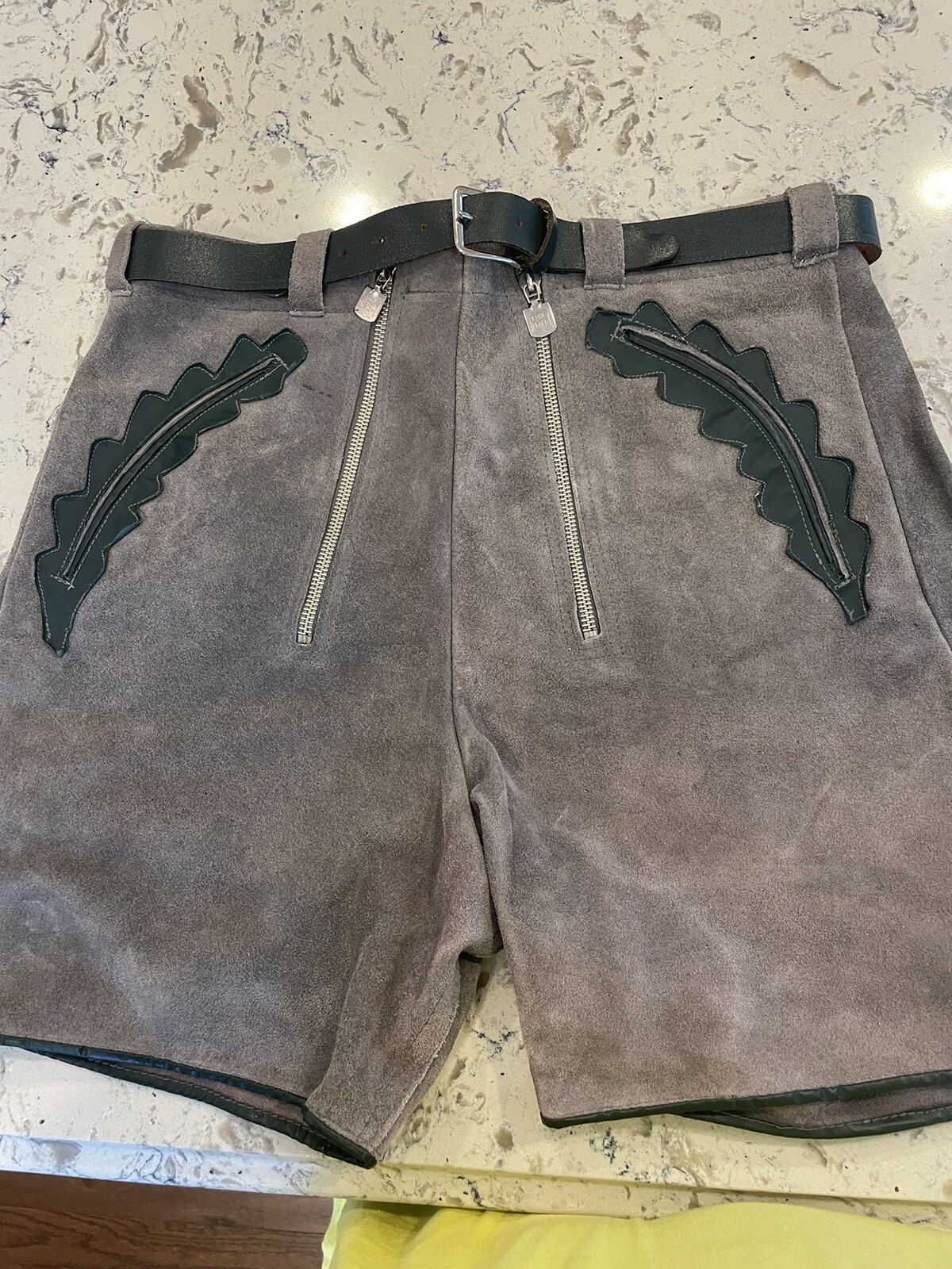 Lederhosen Traditional Suede Gray W/Green Leather Accents Shorts Vintage
