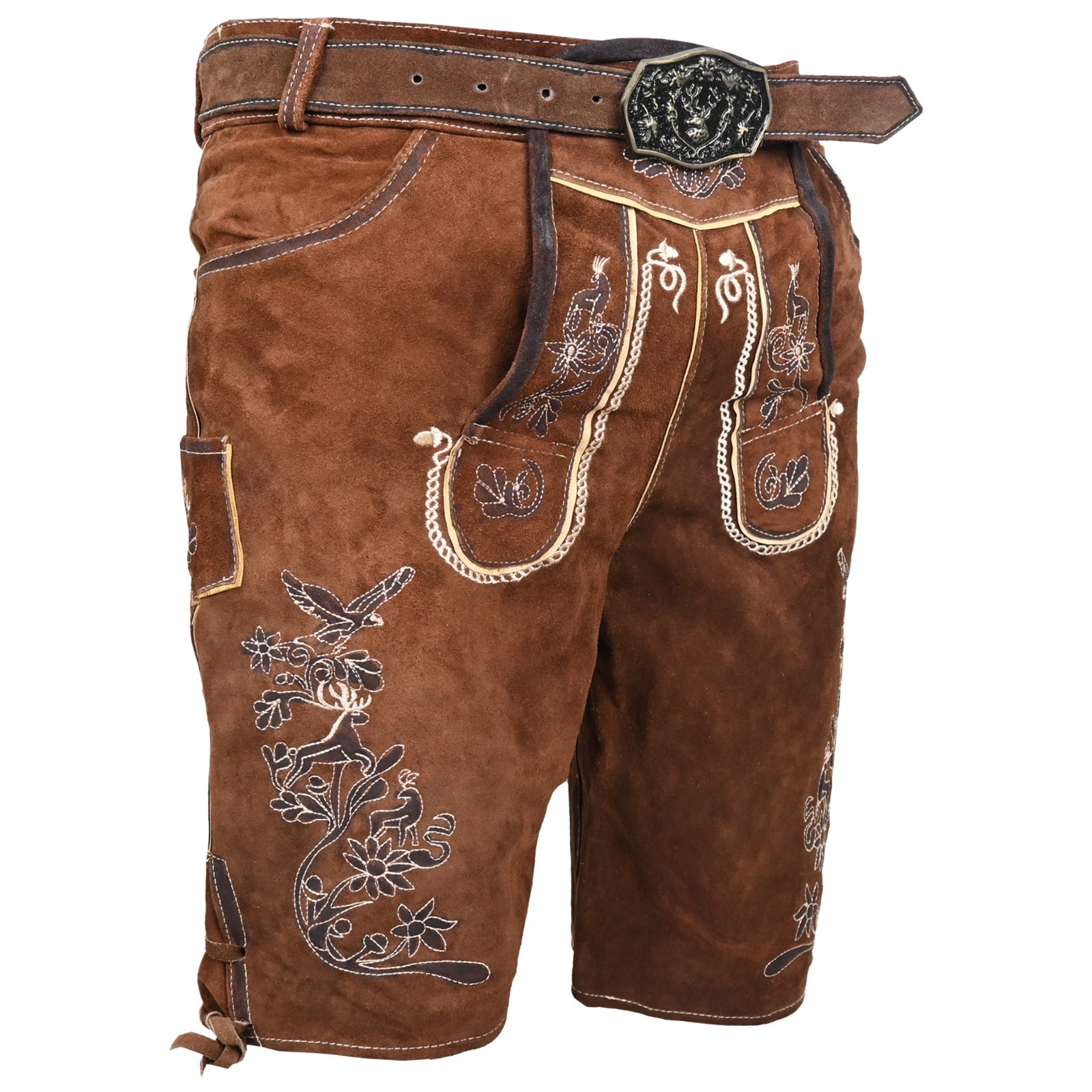 Mens Suede Leather Lederhosen Oktoberfest Bavarian Costume Shorts With Belt