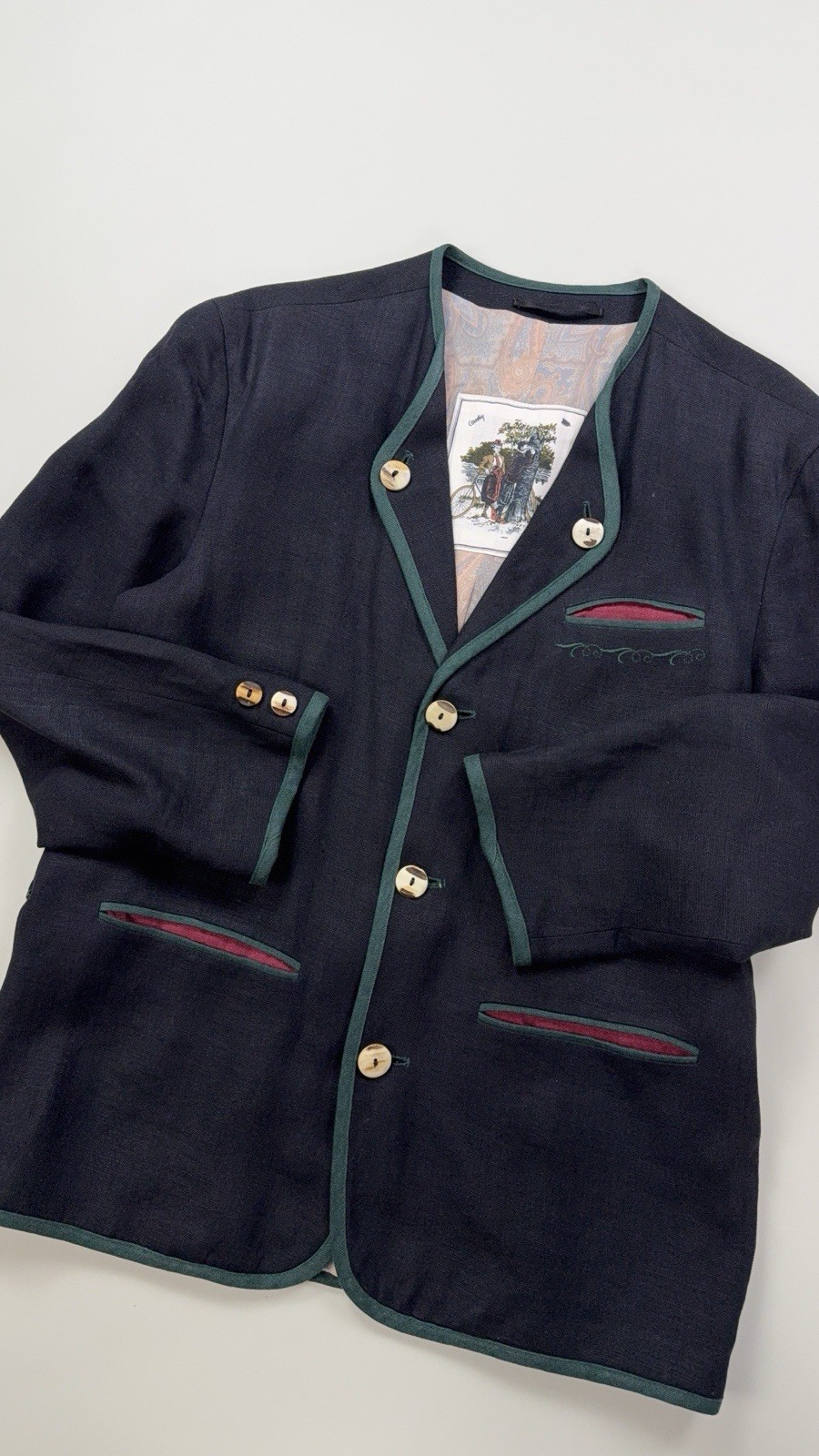 Respo Pure Linen Trachten Jacket Horn Buttons Austria Vintage Men 48 L