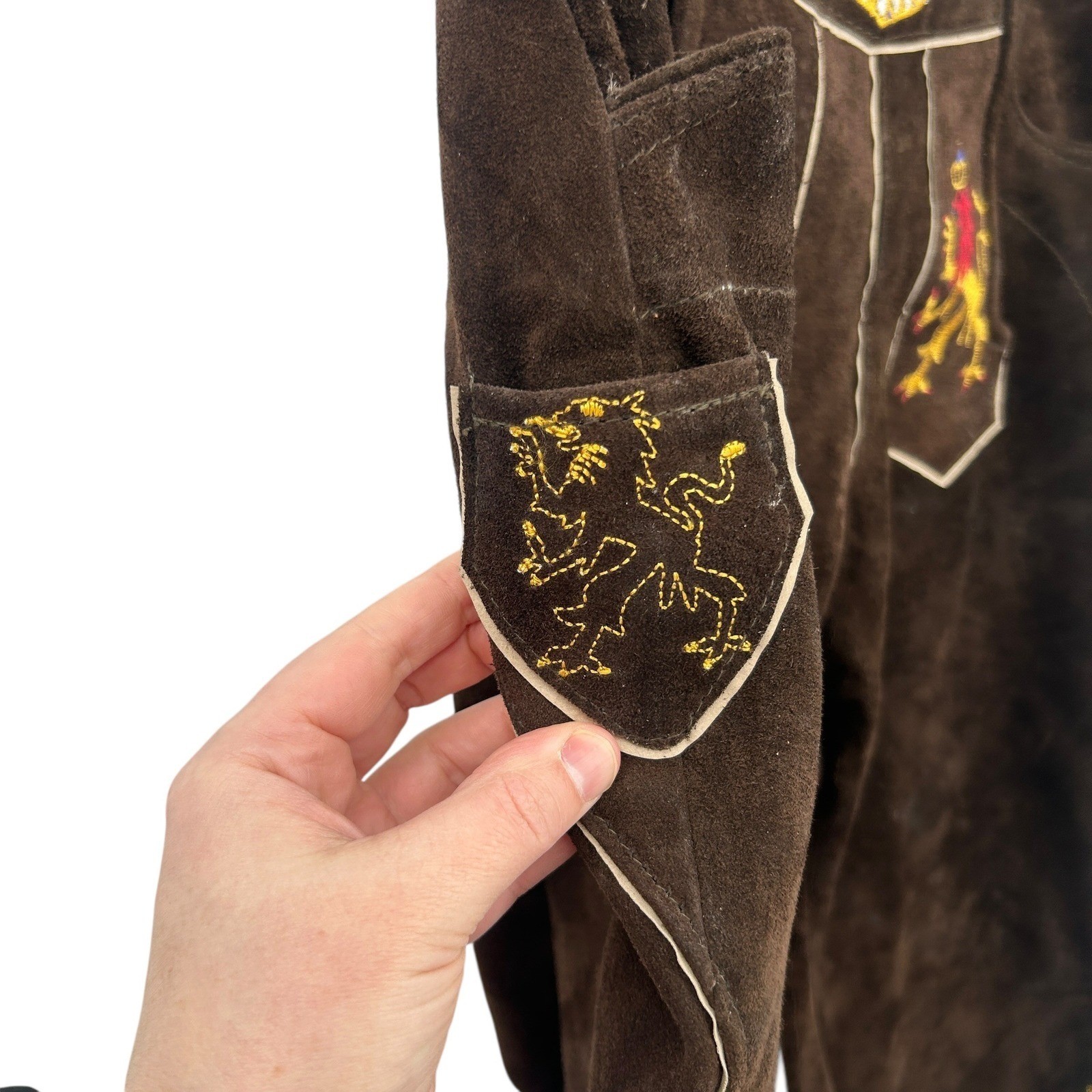 German Lederhosen 52 Brown Leather Embroidered Lions Oktoberfest Heritage 36-38