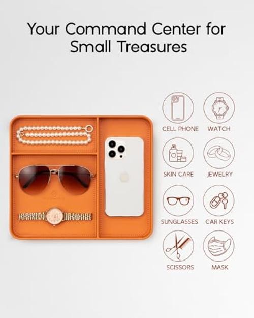Valet Tray for Men, PU Leather Catchall Tray with Dividers | Nightstand Orange