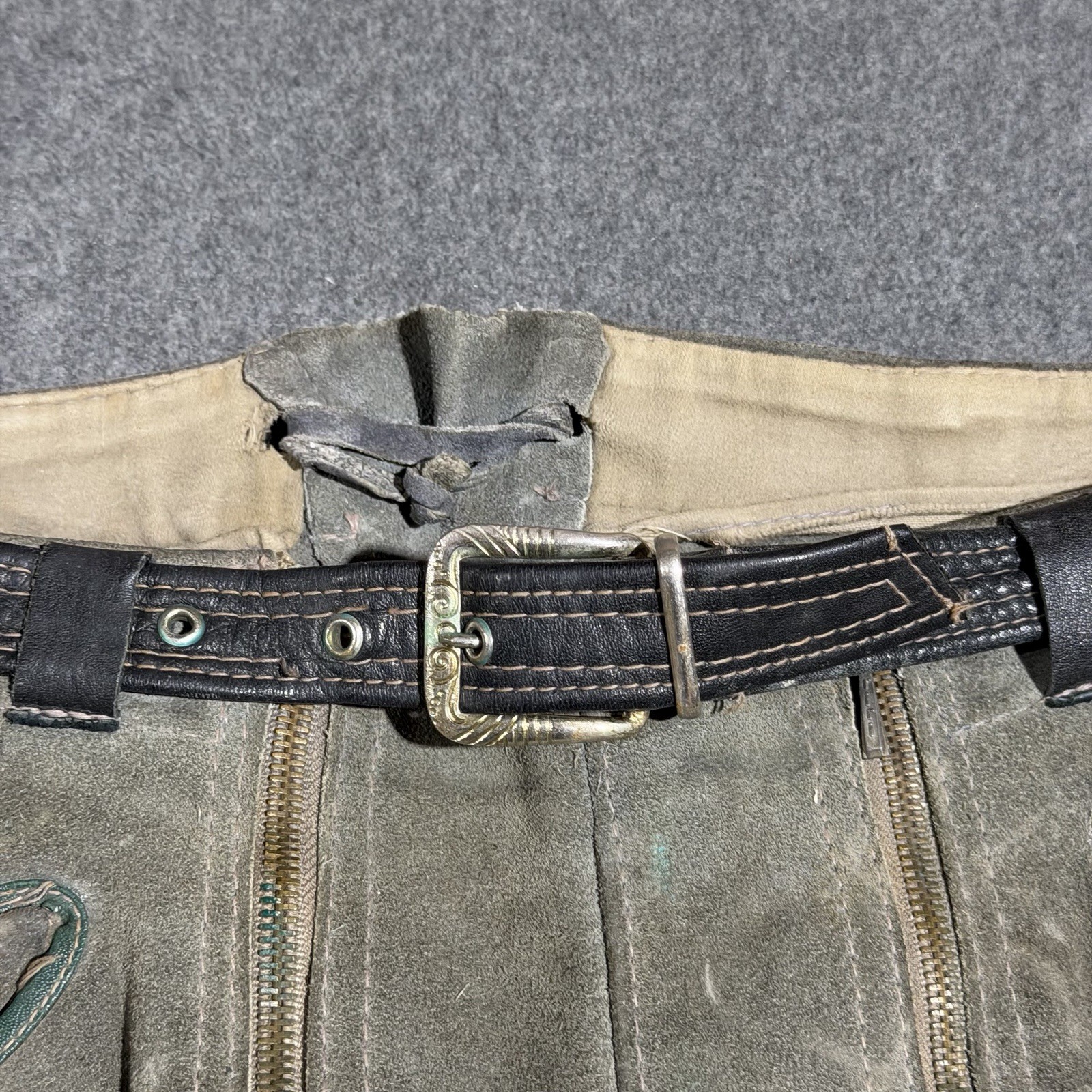 Vintage German Lederhosen Suede Leather Shorts 30 Waist Alpine Drop Front Green