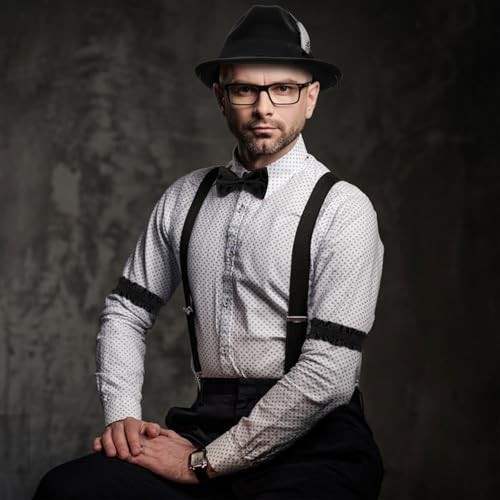 1920s Mens Costume Retro Gatsby Gangster Accessories Set Fedora Hat Black