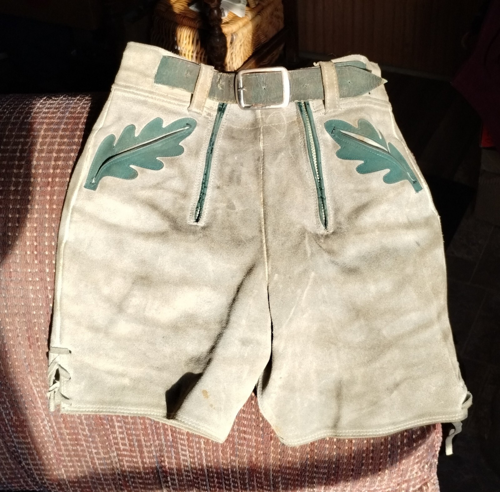 Vintage Child’s Lederhosen Shorts Gray Green Suede Waist 13″ Length 15″