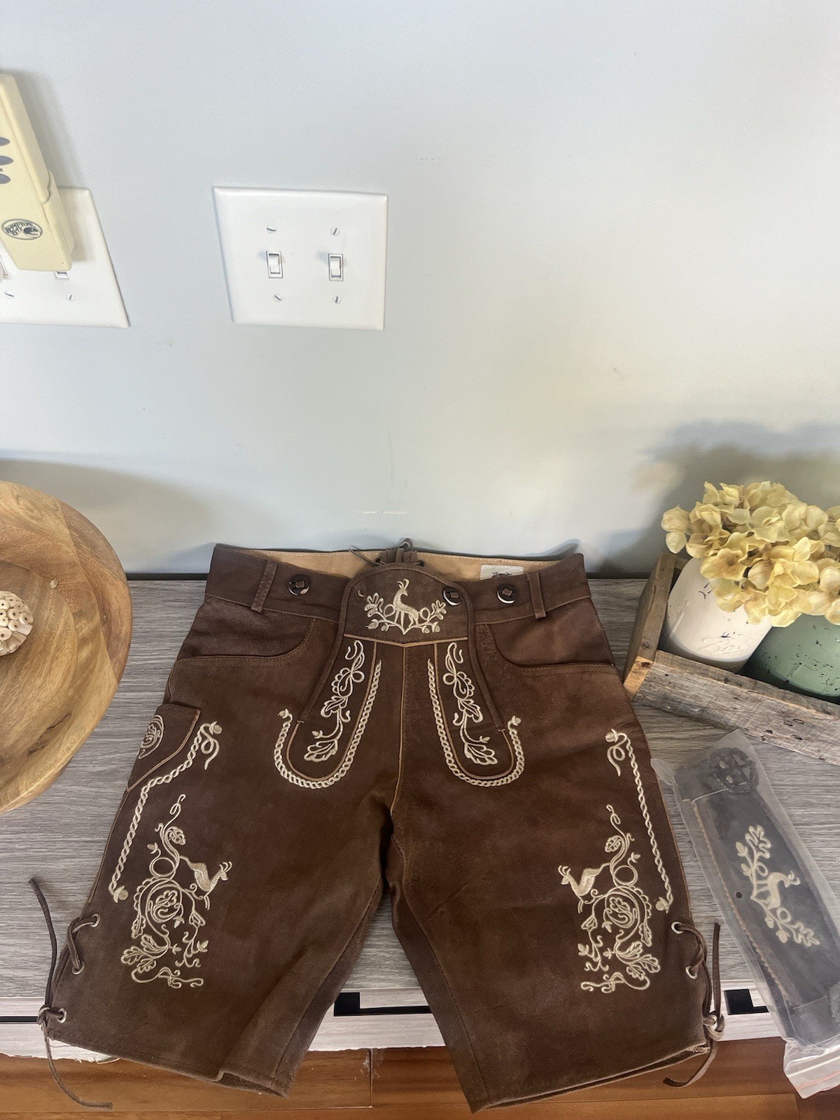lederhosen men leather shorts With Belt Size 48 100% Genuine Leather