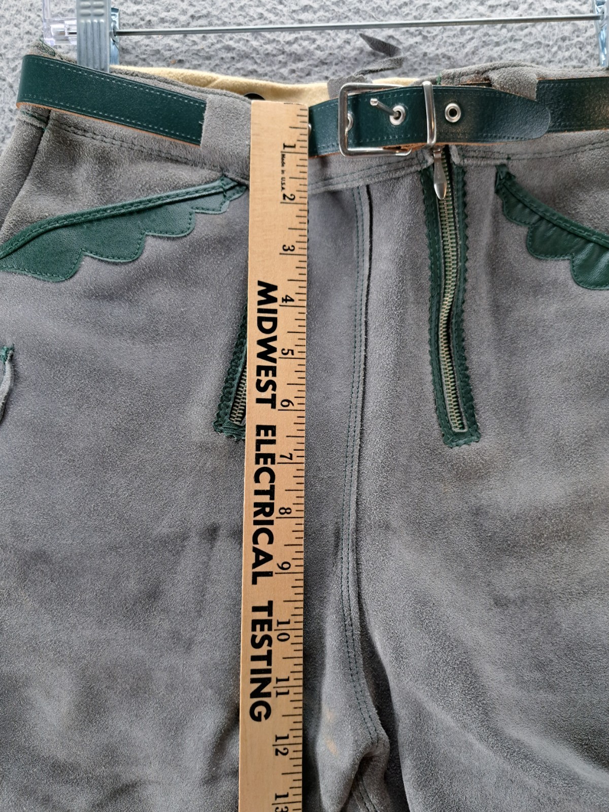 VTG Lederhosen Oktoberfest Shorts Mens 28×4 Gray Green Leather German Belted
